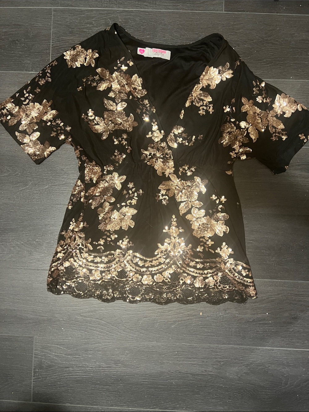 Black V-Neck Blouse with Gold Sequin Floral Embroidery - Women